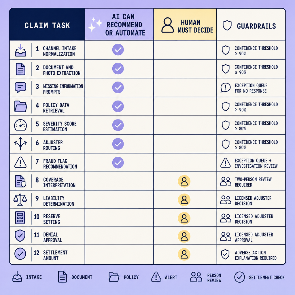 Three-column responsibility matrix showing AI-suitable tasks such as intake normalization, extraction, severity scoring, routing, and fraud flags separated from human-only tasks including coverage interpretation, liability, reserve setting, denial approval, and settlement decisions