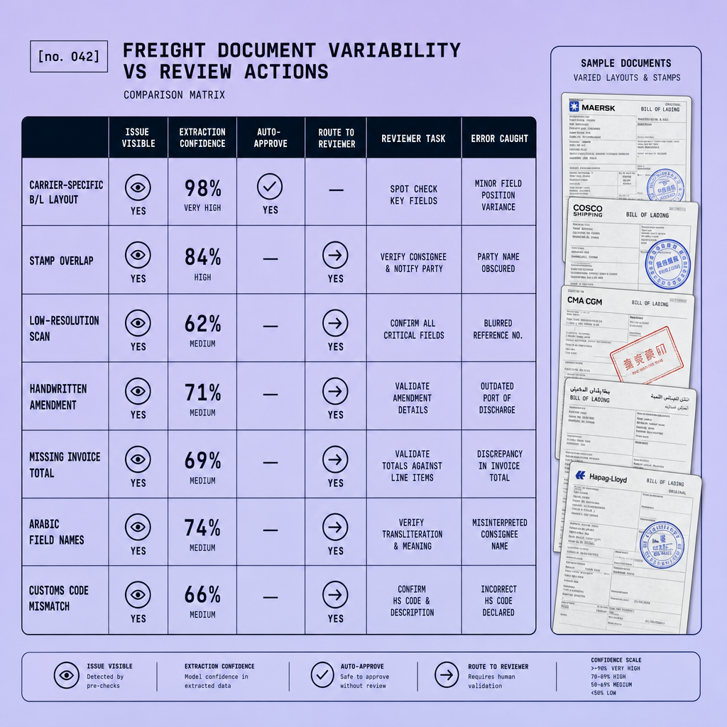 Matrix showing logistics document variability issues such as carrier layout changes, stamp overlap, handwritten edits, and Arabic fields alongside confidence percentages, auto-approve decisions, reviewer tasks, and errors caught