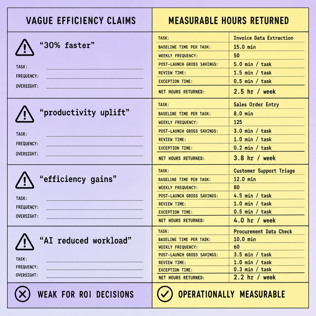 Two-column comparison table showing vague claims such as 30 percent faster and productivity uplift on one side, and measurable fields including task name, baseline time, task frequency, review overhead, exception handling, and net hours returned on the other