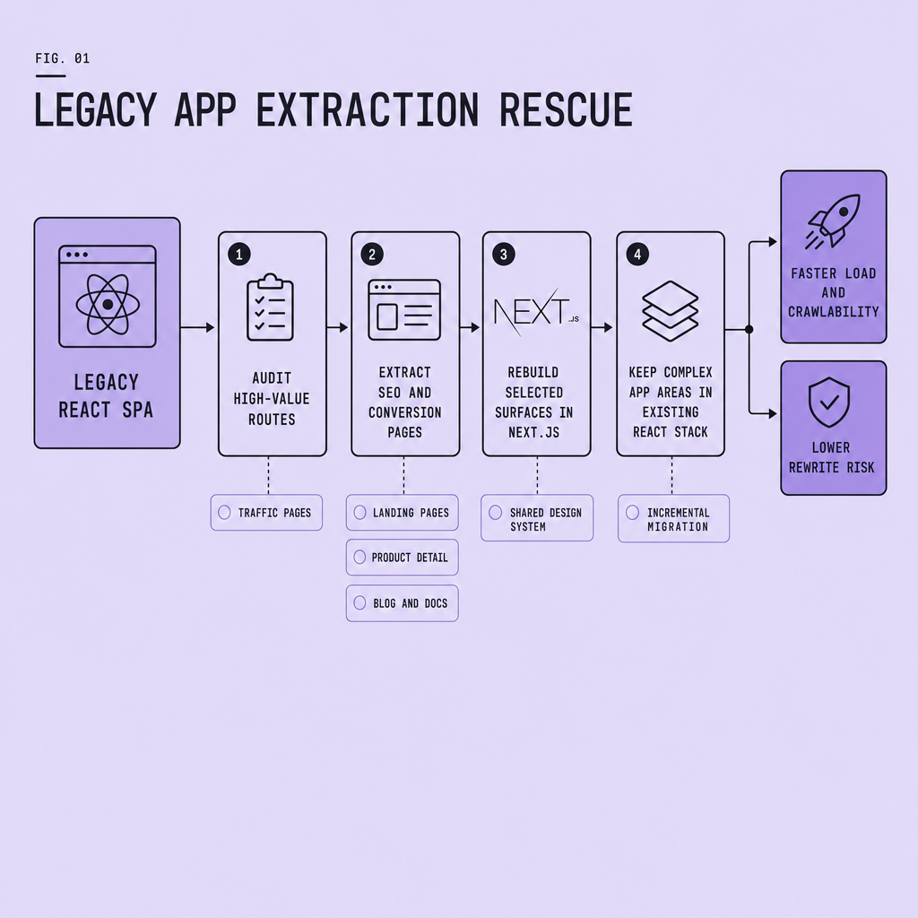Flowchart showing migration from a legacy React SPA through audit, extraction of high-value routes, selective Next.js rebuild, and lower-risk coexistence with unchanged complex app areas
