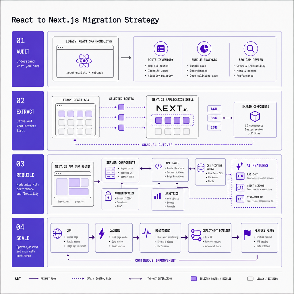 Architecture diagram showing Audit, Extract, Rebuild, and Scale phases linked to route inventory, a Next.js app shell, AI features, caching layers, and gradual production cutover