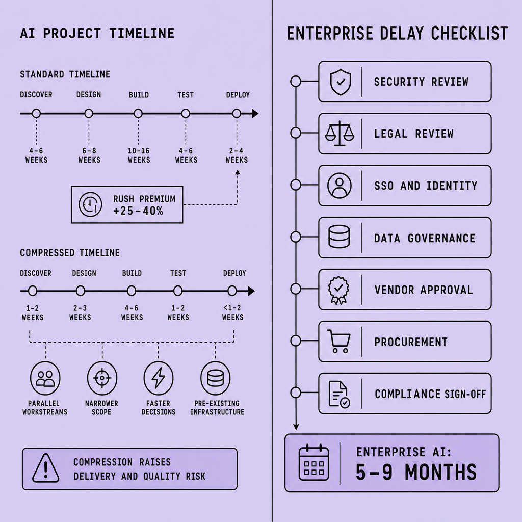 Split planning chart comparing standard versus compressed AI project timelines, highlighting a 25–40 percent rush premium and showing an enterprise readiness checklist with security, legal, SSO, governance, procurement, observability, and compliance items