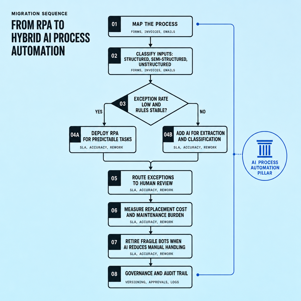Flowchart showing process mapping, input classification, exception-rate decision, AI extraction and classification, human review for low-confidence cases, RPA deployment for deterministic actions, replacement cost measurement, and governance steps