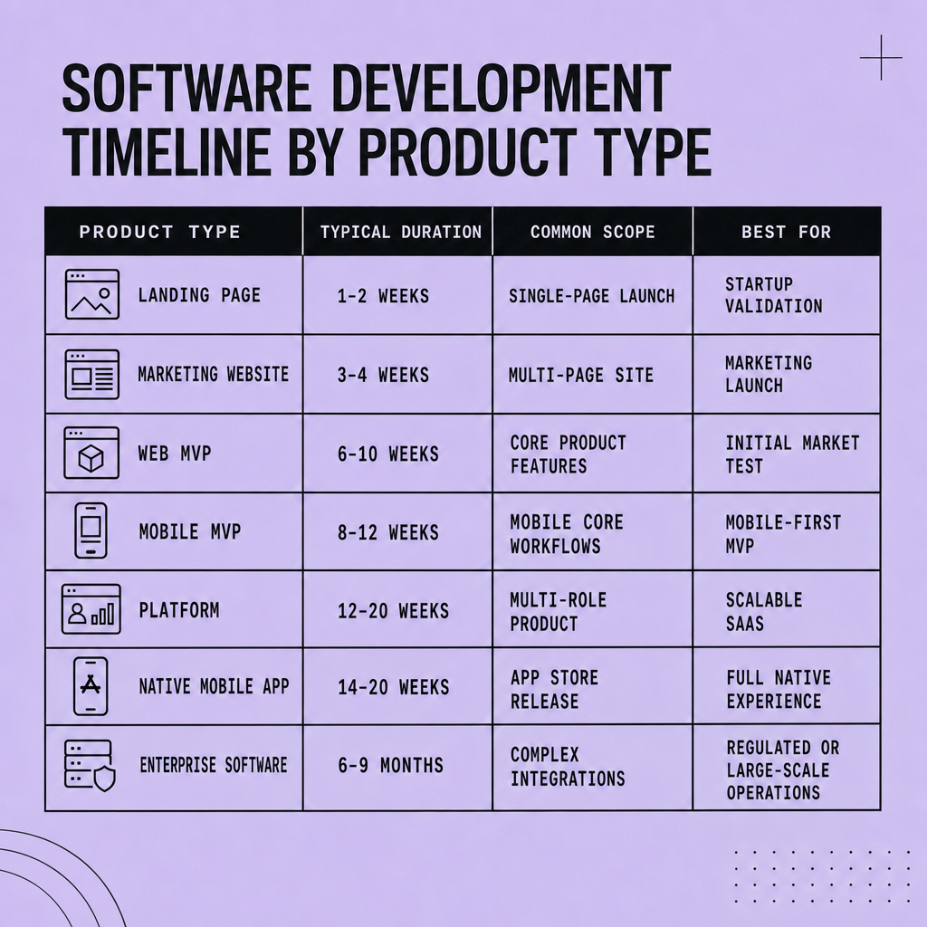 Comparison table showing software product types with duration ranges, scope notes, and use cases, including landing page 1–2 weeks, website 3–4 weeks, web MVP 6–10 weeks, mobile MVP 8–12 weeks, platform 12–20 weeks, native mobile 14–20 weeks, and enterprise software 6–9 months