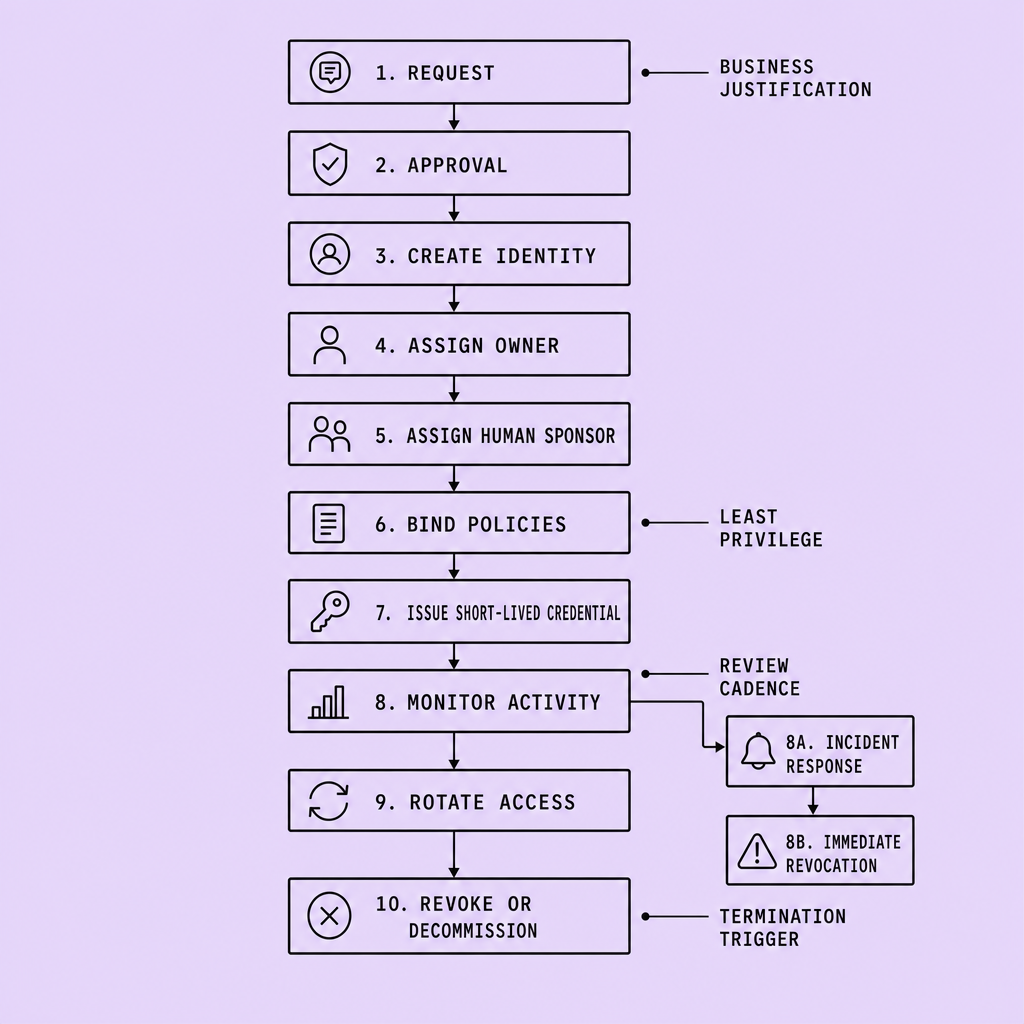 Vertical lifecycle flowchart showing request, approval, create identity, assign owner, assign human sponsor, bind policies, issue short-lived credential, monitor activity, rotate access, and revoke or decommission steps