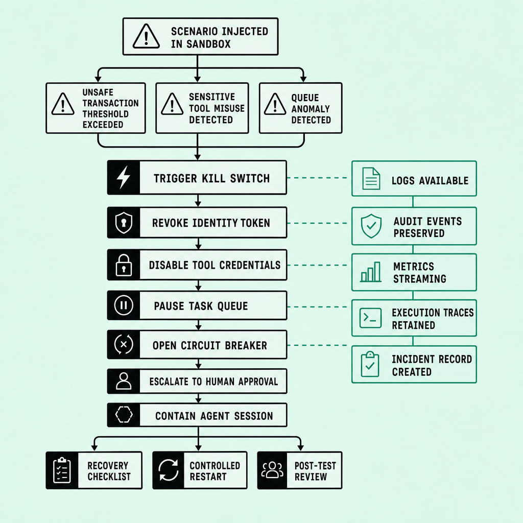 Flowchart showing kill-switch testing from sandbox scenario injection to trigger kill switch, revoke identity, disable tools, pause queue, escalate approval, preserve logs and audit events, review metrics and traces, and complete recovery checklist
