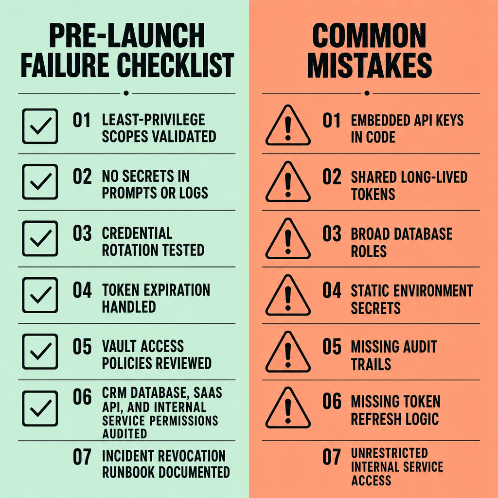 Two-panel security checklist showing pre-launch checks for secret scanning, rotation, audit logging, scoped permissions, and emergency revocation alongside common mistakes like embedded API keys, shared long-lived tokens, broad database roles, static environment secrets, and missing audit trails