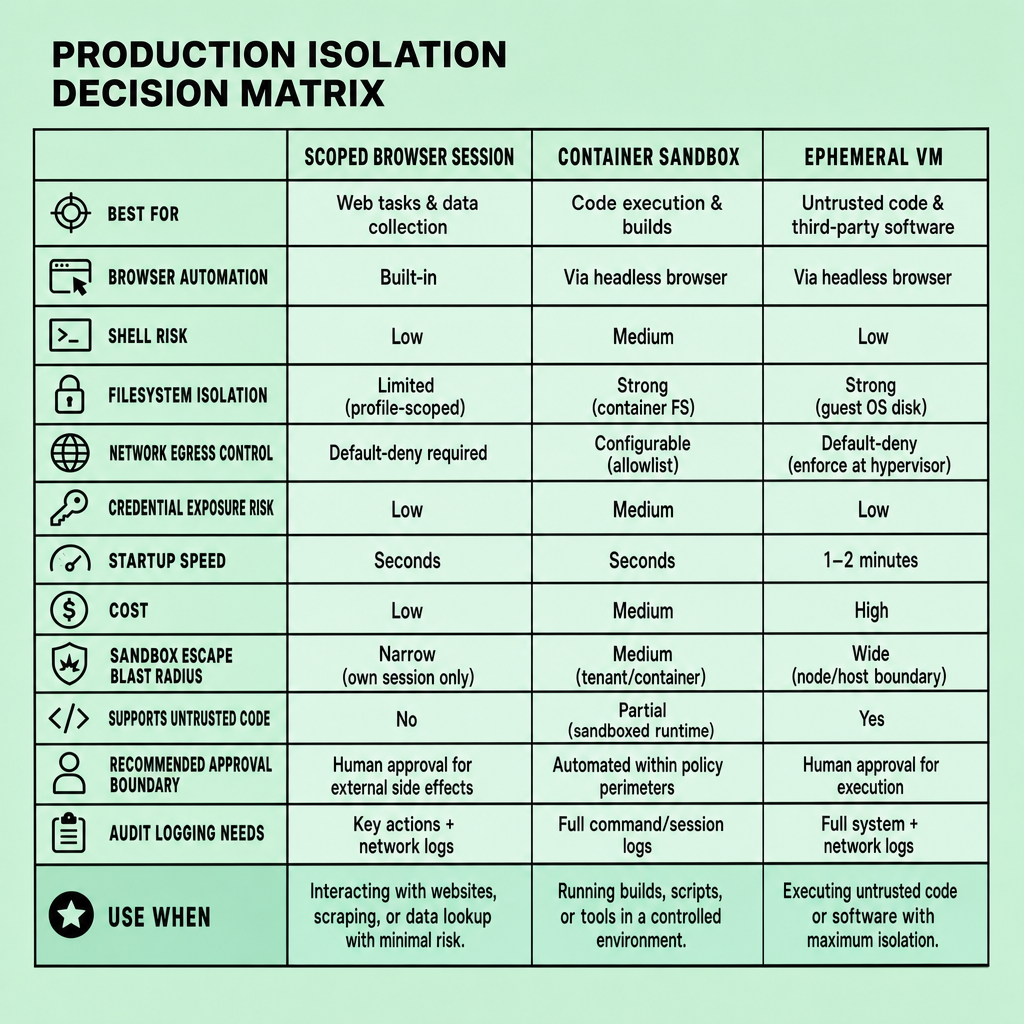 Decision matrix comparing scoped browser session, container sandbox, and ephemeral VM across browser automation, shell command risk, filesystem isolation, network egress control, credential exposure risk, startup cost, and recommended production use cases