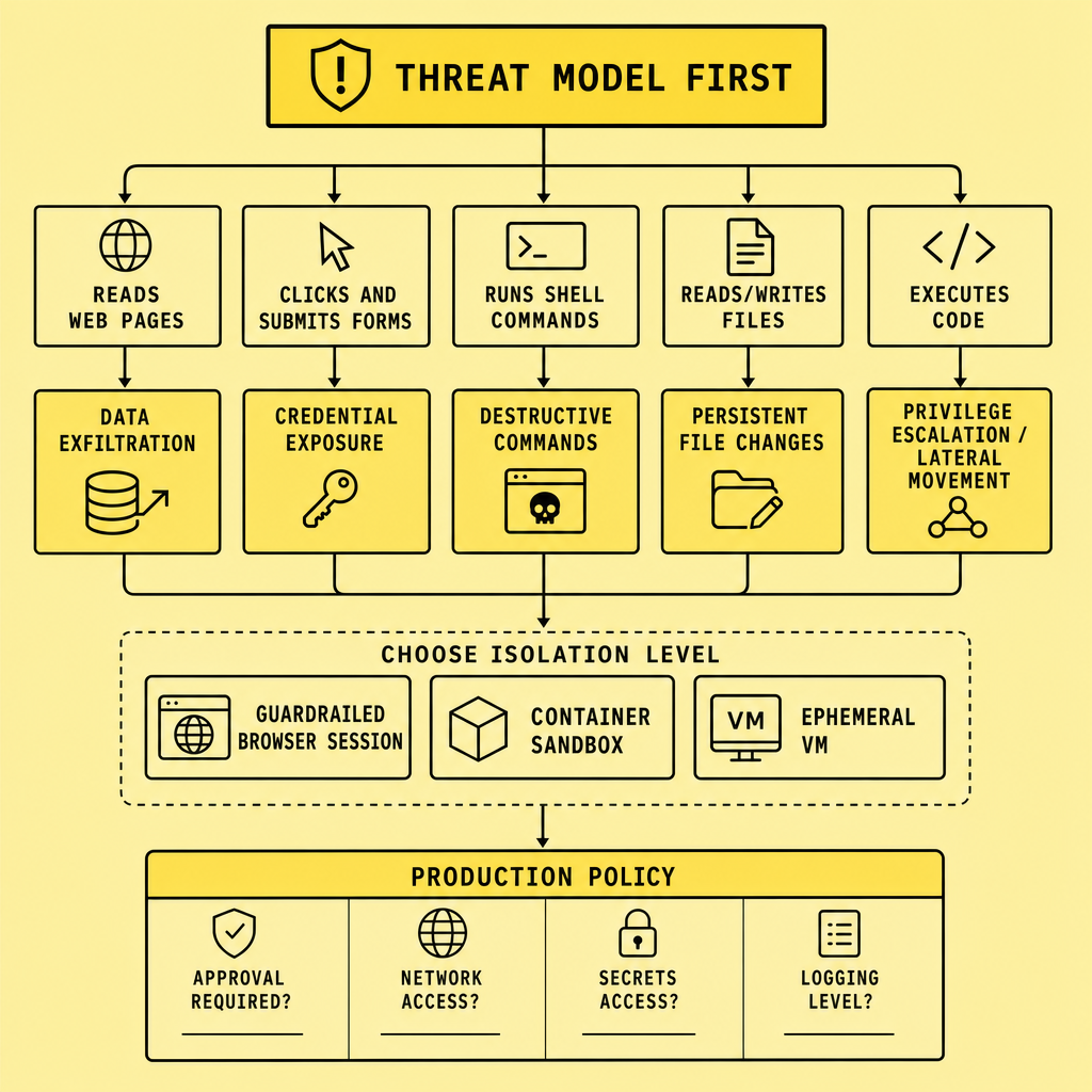 Flowchart showing a threat-model-first process that maps agent actions such as reading web pages, clicking forms, running shell commands, accessing files, and executing code to risks like data exfiltration, credential theft, persistent state changes, and sandbox escape before selecting an isolation level