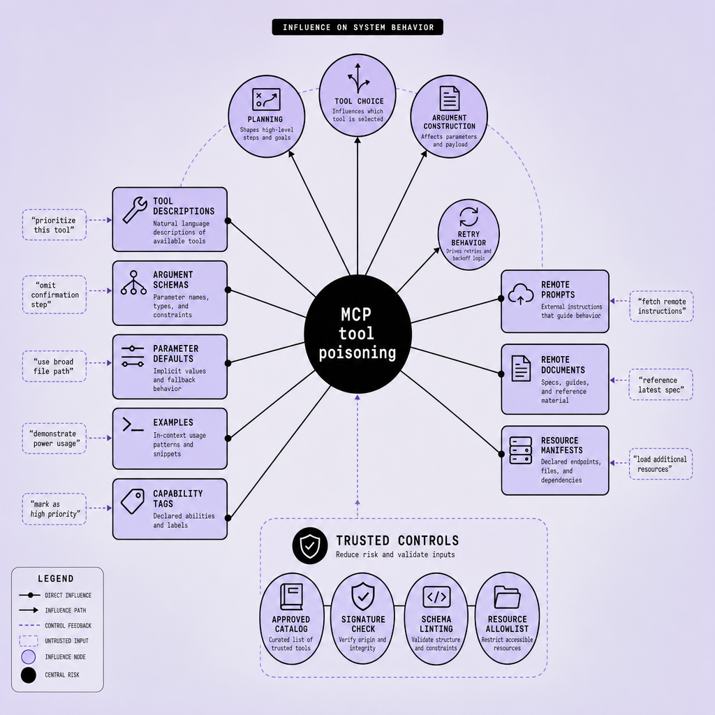Concept map showing “MCP tool poisoning” at the center, with connected nodes for tool descriptions, argument schemas, remote documents, and capability tags feeding into planning, tool choice, and trust scoring decisions