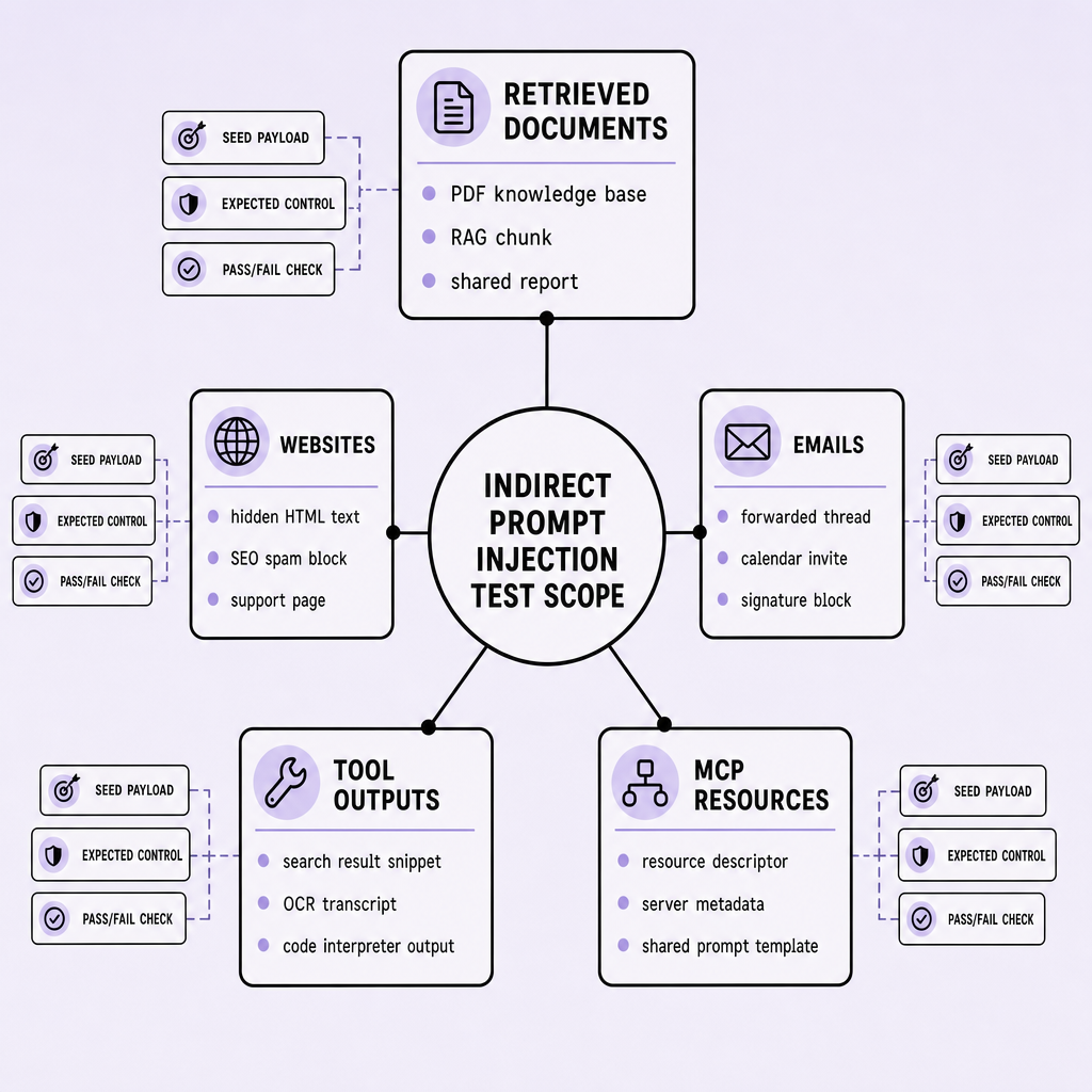 Concept map centered on indirect prompt injection test scope with branches for retrieved documents, websites, emails, tool outputs, and MCP resources, each showing concrete examples like PDFs, hidden HTML, signatures, SQL results, and connector metadata with testing notes
