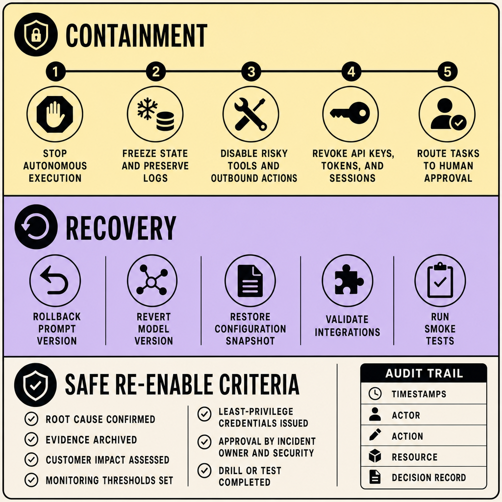 Three-part checklist showing AI agent incident containment steps, rollback actions, safe re-enable criteria, and audit trail fields such as prompt version, tool call, tenant, identity, and timestamp