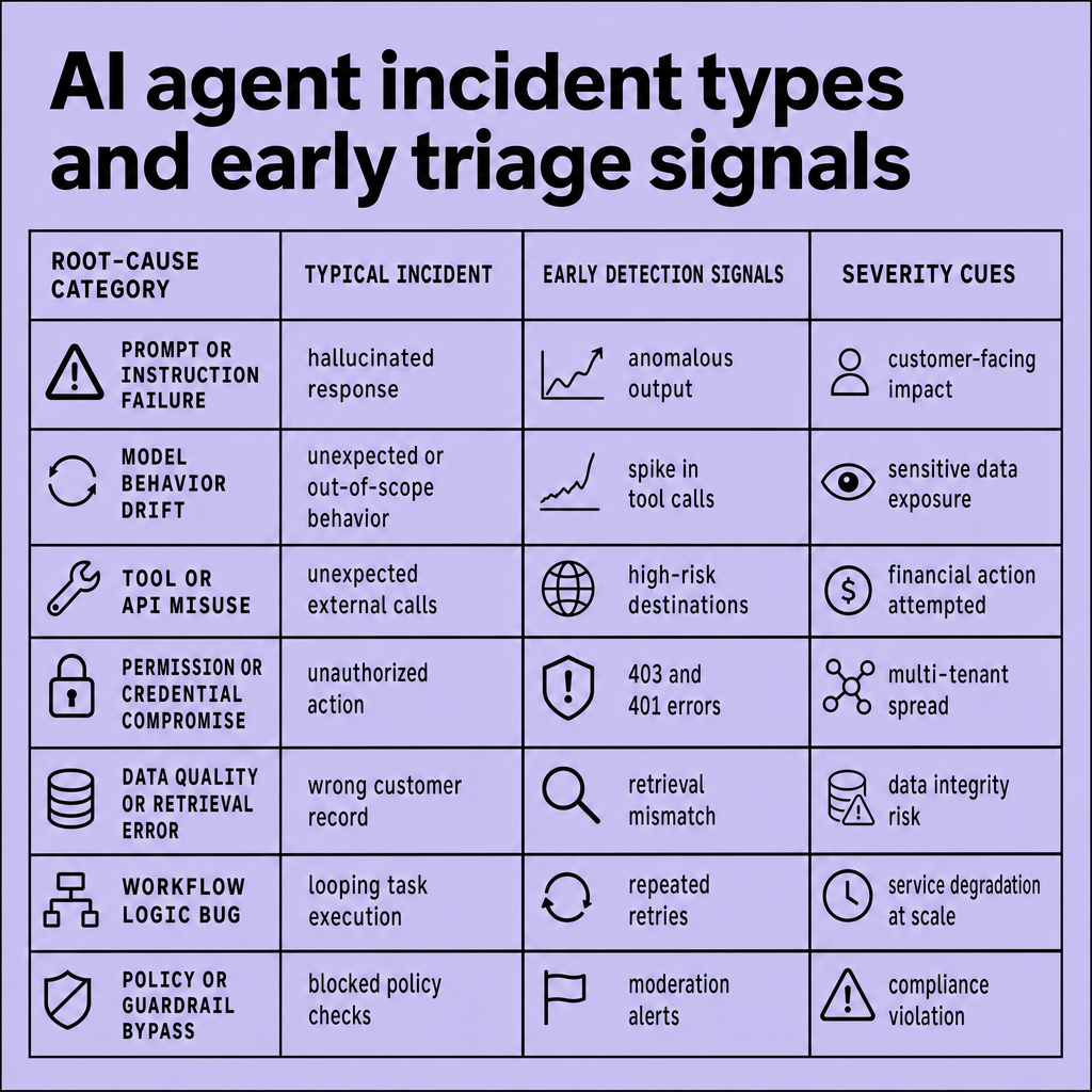 Matrix showing AI agent root-cause categories with incident examples, early detection signals, and severity cues such as prompt failures, credential misuse, integration abuse, and workflow bugs