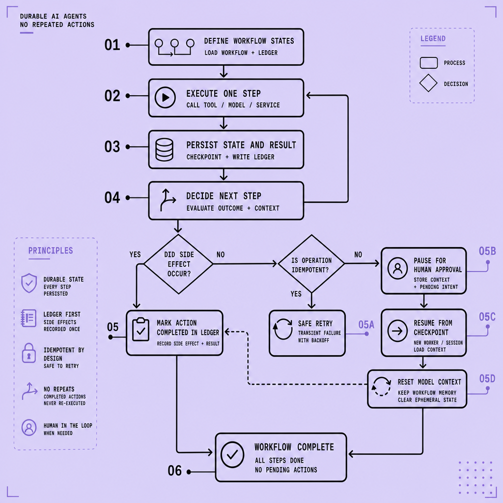 Flowchart showing workflow states connected to persisted results, decision points for safe retry, a human approval pause, a context reset branch, and resume from checkpoint without repeating already recorded external actions