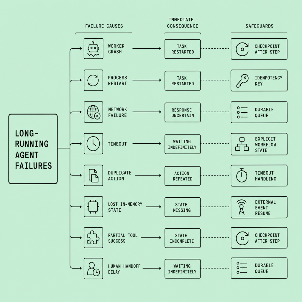 Concept map showing failure nodes such as worker crash, process restart, network failure, duplicate action, and lost state, each connected to safeguards including checkpoints, idempotency keys, durable queues, and resume events