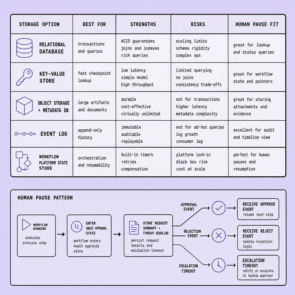 Comparison table showing relational database, key-value store, object storage, event log, and workflow platform state store, with a lower panel illustrating approval, rejection, and timeout resume events flowing back into the workflow