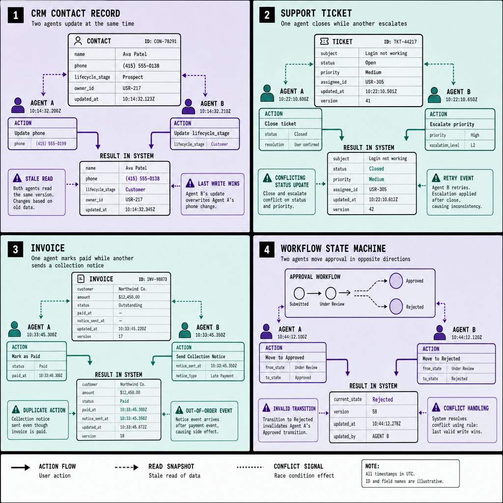 Four-panel diagram showing CRM contact overwrite, support ticket close-reopen conflict, invoice refund mismatch, and workflow approval collision, labeled with stale reads, duplicate actions, delayed events, and conflicting transitions