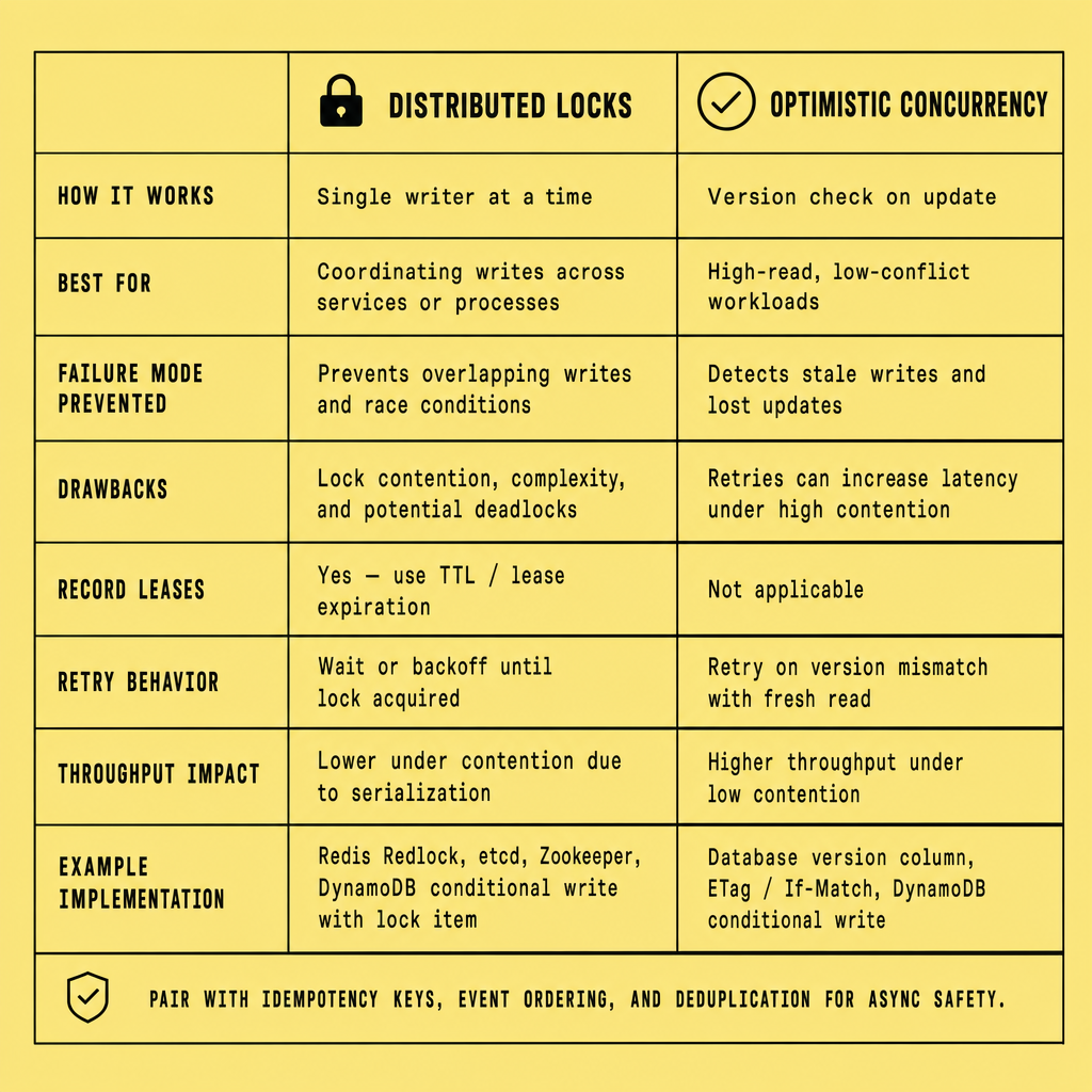 Side-by-side comparison table showing distributed locks versus optimistic concurrency by use case, stale-write protection, lease behavior, retry handling, contention impact, and shared need for idempotency and conflict management