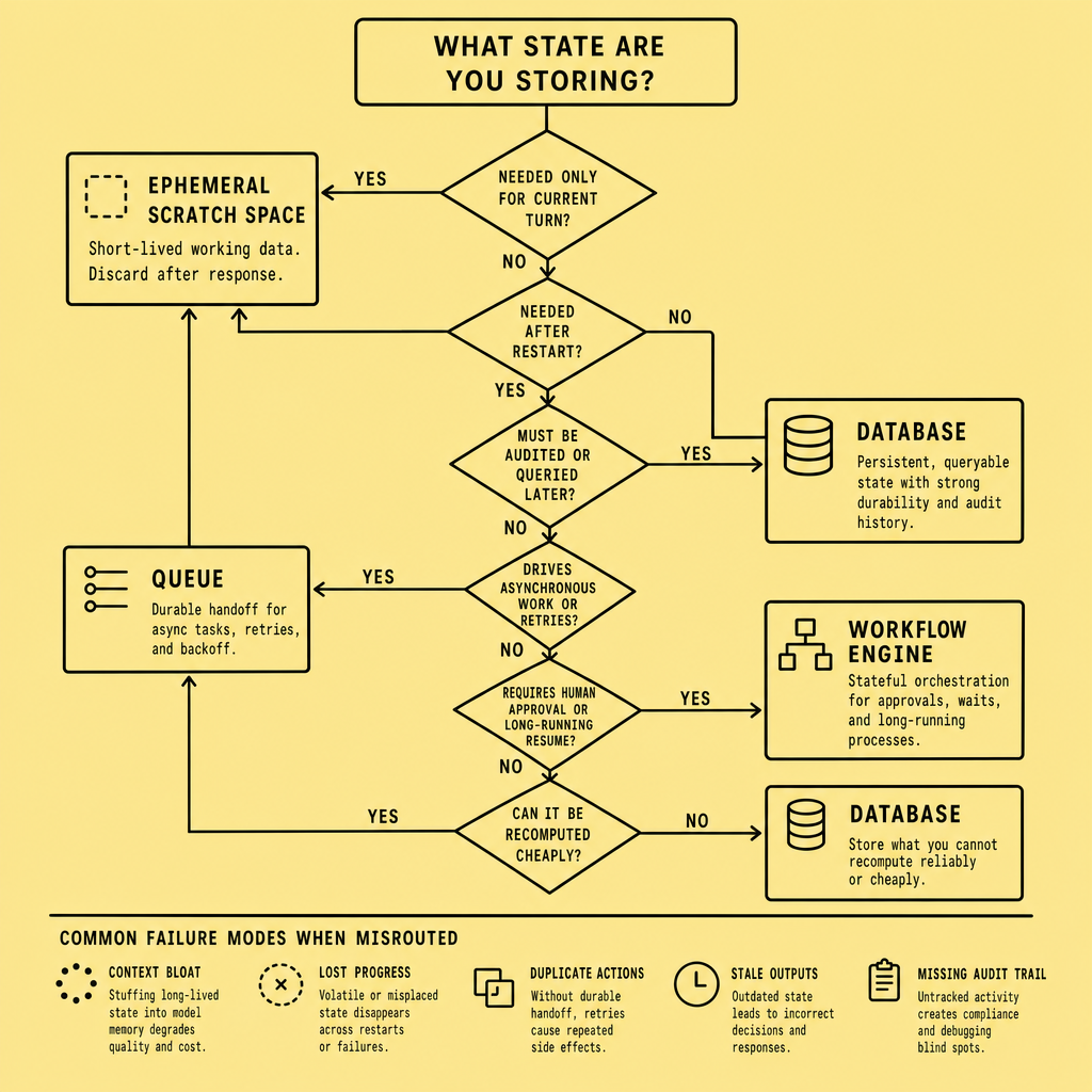 Decision flowchart showing questions about whether state must survive restarts, be audited, drive retries, require human approval, or be recomputed, with branches routing to model memory, database, queue, workflow engine, or scratch storage