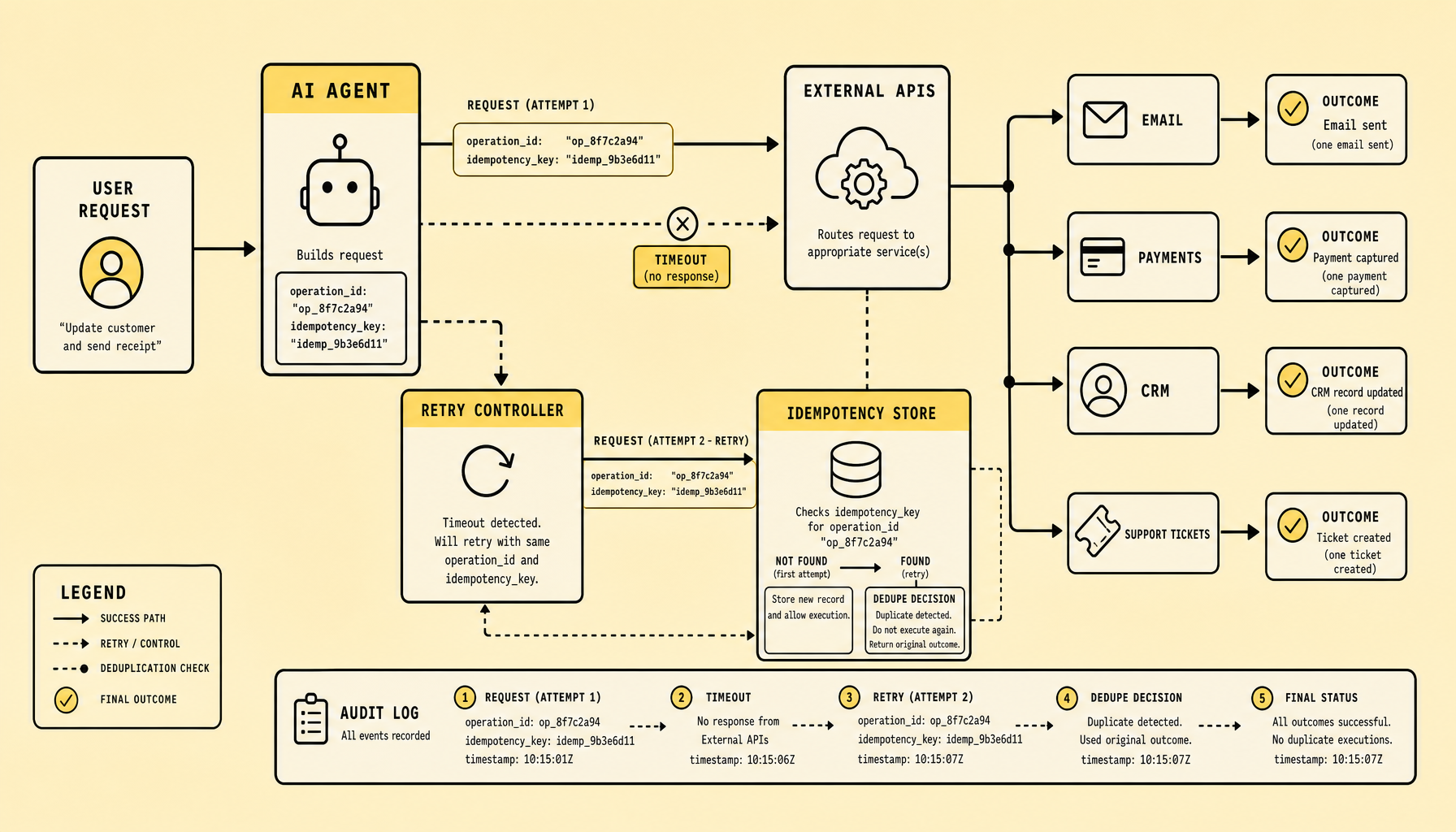 Workflow diagram showing an AI agent sending requests through a retry controller to external email, payment, CRM, and ticket APIs, with an idempotency store reusing the same operation ID and idempotency key and an audit log recording each attempt to prevent duplicate side effects