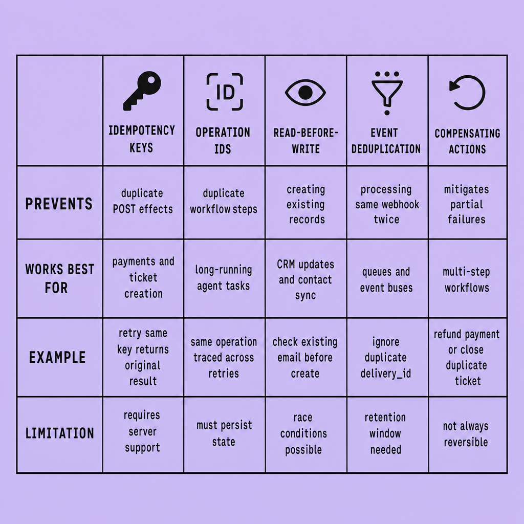 Five-column comparison matrix with columns for Idempotency Keys, Operation IDs, Read-Before-Write, Event Deduplication, and Compensating Actions, and rows comparing what each pattern prevents, where it works best, an example use case, and its main limitation