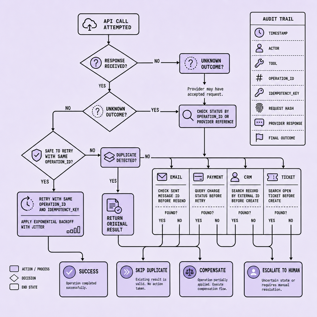 Decision flowchart for retrying external API actions that branches on unknown outcome, duplicate detection, and status verification for email, payment, CRM, and ticket operations, with an audit trail checklist including operation ID, idempotency key, attempt count, resource IDs, status, and retry reason
