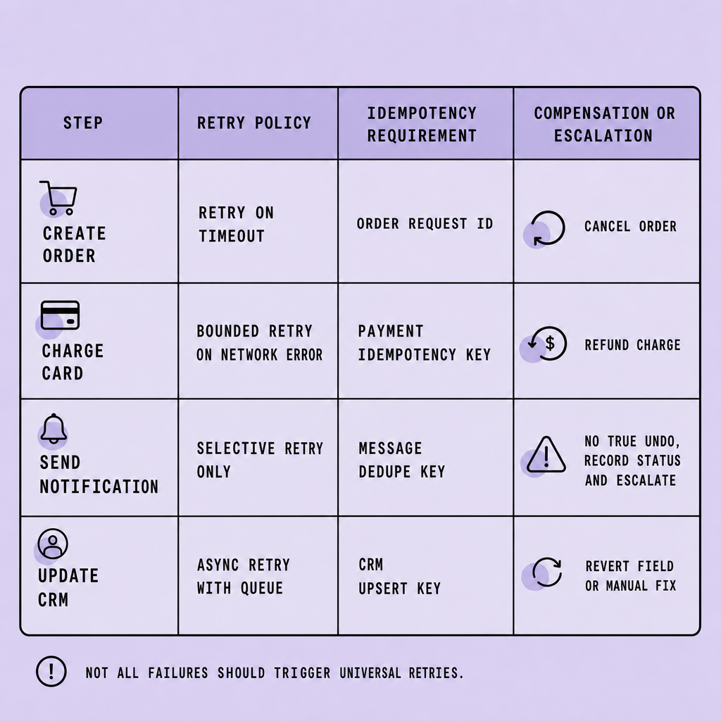 Comparison table showing Create Order, Charge Card, Send Notification, and Update CRM with columns for retry policy, idempotency requirement, compensation action, and escalation criteria