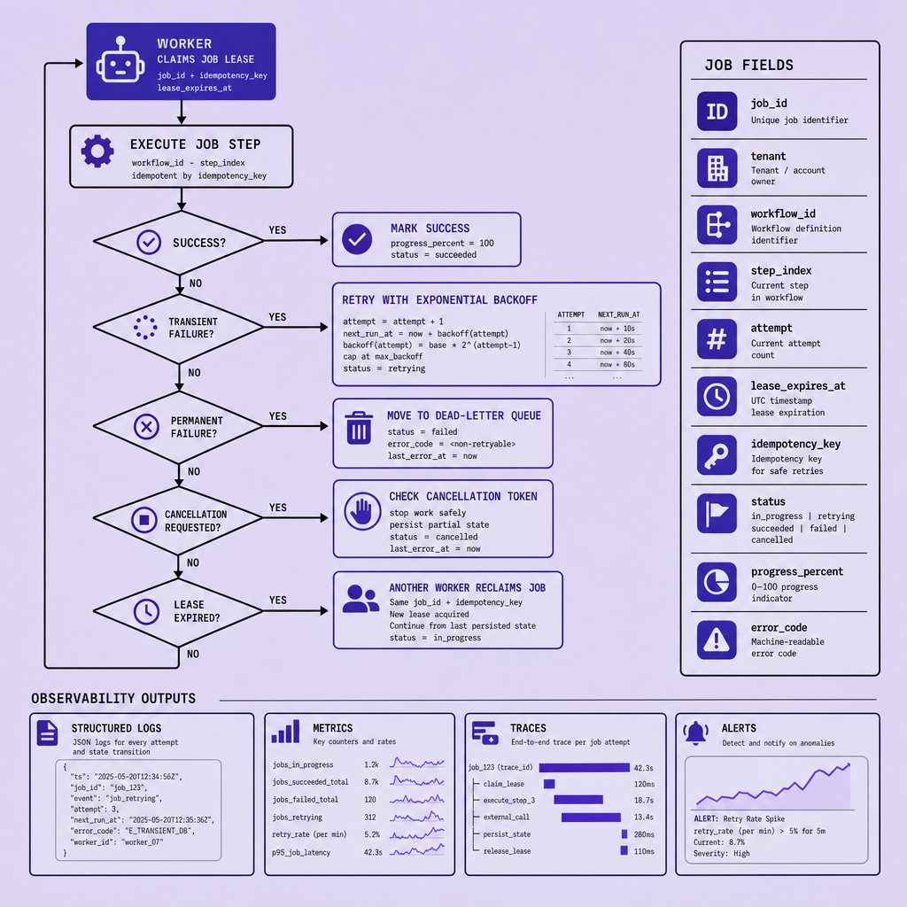 Failure-handling flow diagram showing a worker claiming a leased job, retry classification with backoff, recovery after lease expiration, cancellation checks, routing exhausted jobs to a dead-letter queue, and a side panel with fields such as job_id, tenant, workflow_id, attempt, status, and progress