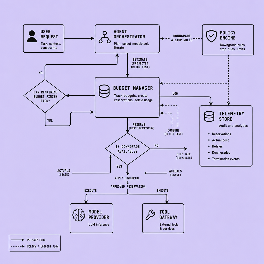 Architecture diagram showing a user request entering an agent orchestrator connected to a budget manager, model provider, tool gateway, policy engine, and telemetry store, with arrows for reserve, approve, execute, consume, and reconcile flows