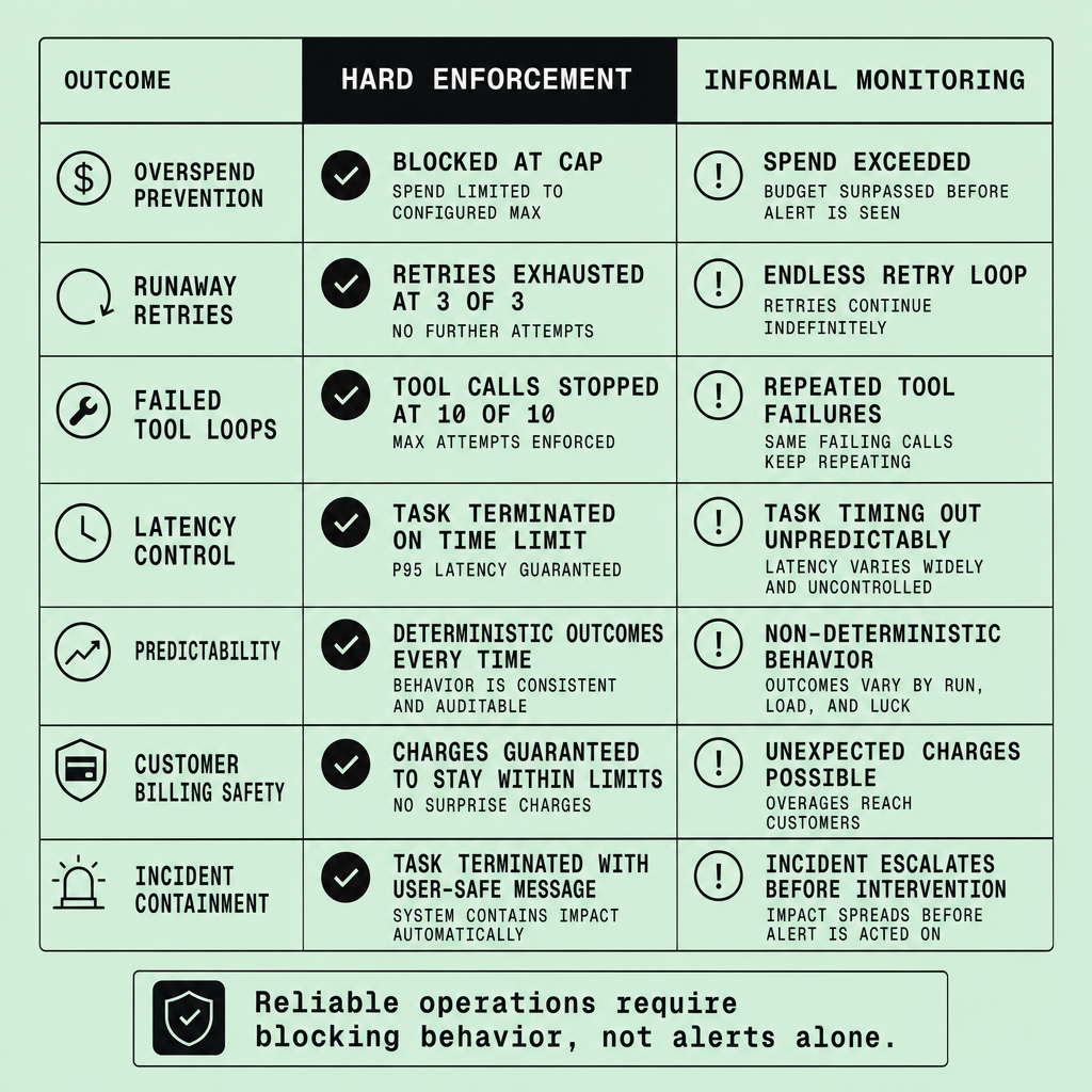 Side-by-side comparison table showing hard enforcement versus informal monitoring across overspend prevention, retry handling, tool-loop containment, latency control, billing safety, and incident containment outcomes