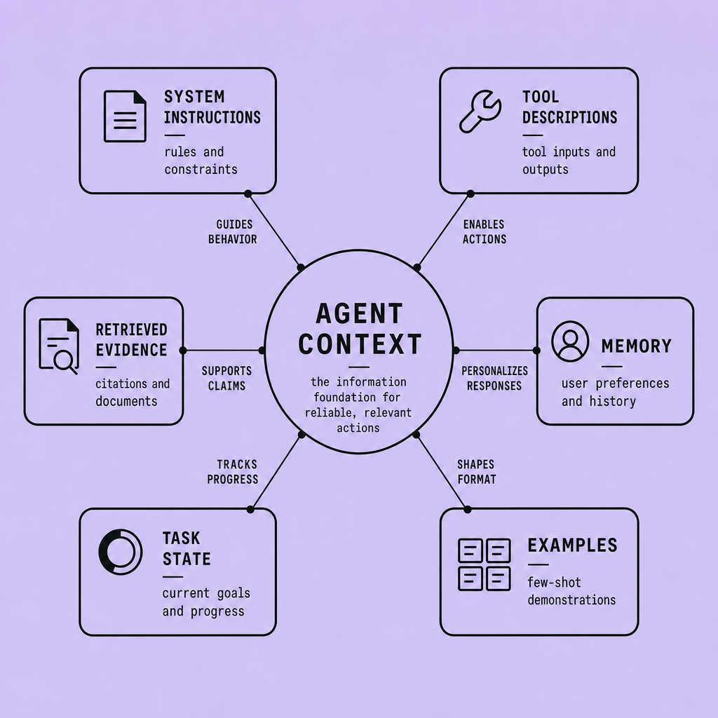 Concept map with “Agent Context” in the center connected to system instructions, tool descriptions, retrieved evidence, memory, task state, and examples, each annotated with roles such as rules, citations, preferences, and workflow progress