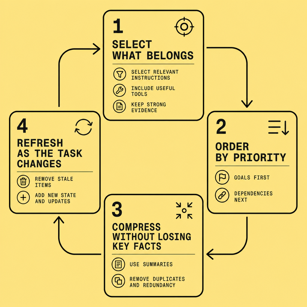 Four-step loop diagram labeled Select What Belongs, Order by Priority, Compress Without Losing Key Facts, and Refresh as the Task Changes, with notes about instructions, evidence summaries, and removing stale state