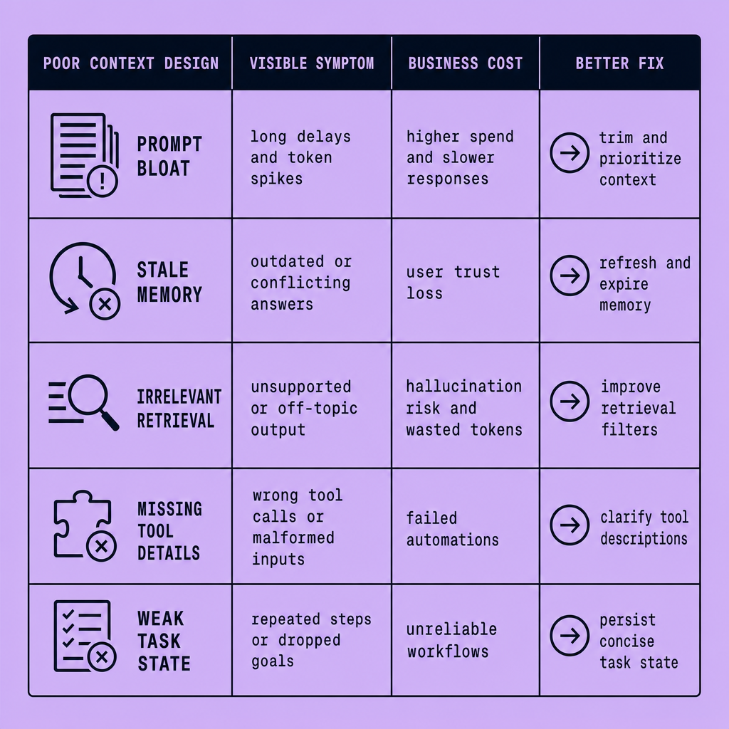 Comparison table listing prompt bloat, stale memory, irrelevant retrieval, missing tool details, and weak task state alongside symptoms, business costs, and fixes such as trimming context, refreshing memory, and tightening schemas