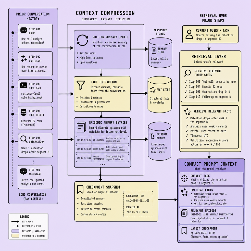 Flowchart showing prior conversation steps branching into rolling summaries, a fact store, episodic memory, checkpoint snapshots, and retrieval, all feeding into a compact prompt context