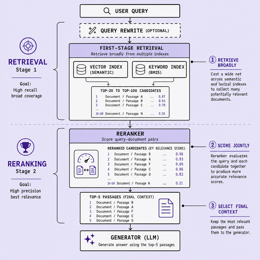 Two-stage retrieval flowchart showing user query processing with optional query rewrite, vector and keyword retrieval, candidate collection, reranker scoring of query-document pairs, and final top-5 passages sent to generation