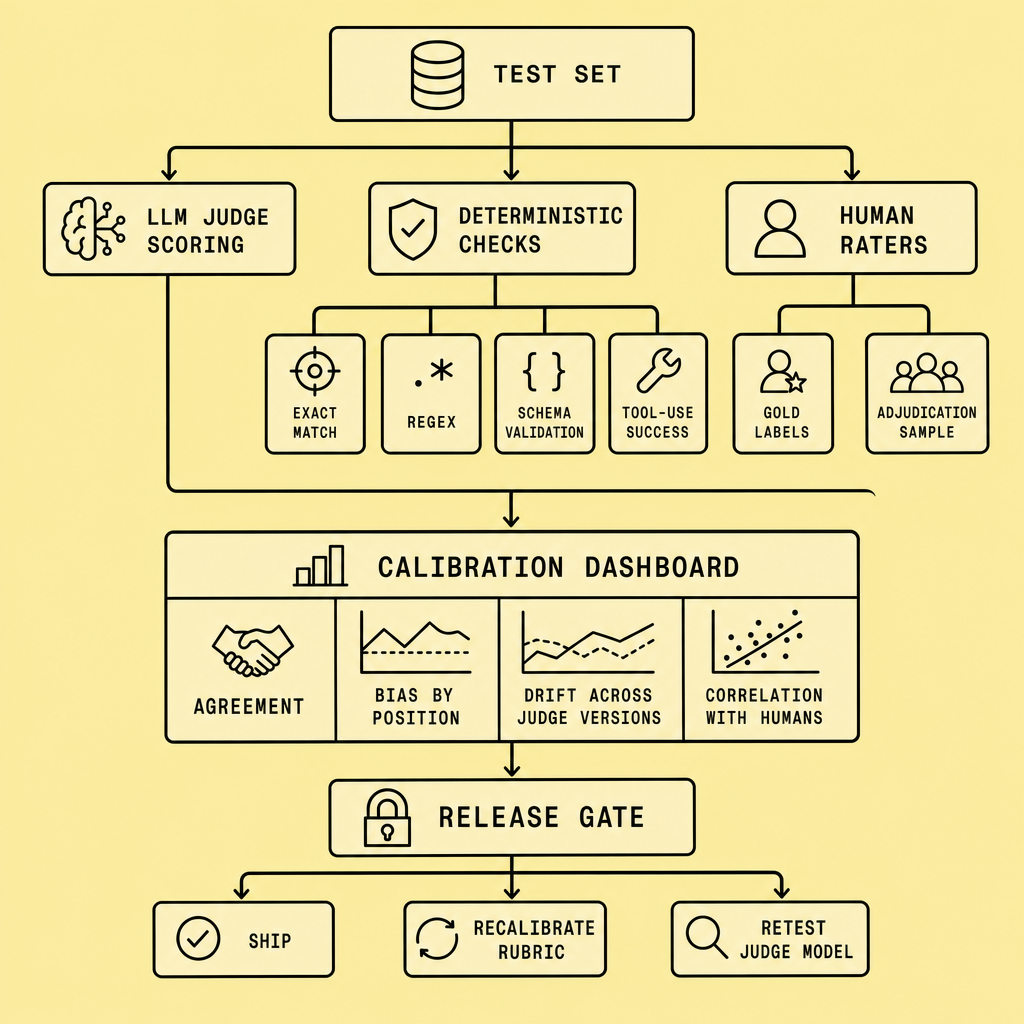 Flowchart showing a test set routed through exact match, regex, schema validation, tool-use success checks, LLM judge scoring, human raters, calibration metrics, and final release decisions