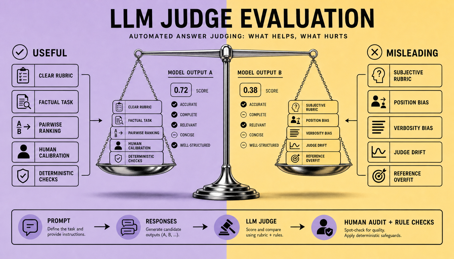 Diagram showing a balance scale labeled Useful and Misleading beside response cards with score badges and an evaluation pipeline labeled Prompt, Responses, LLM Judge, Human Audit, and Rule Checks