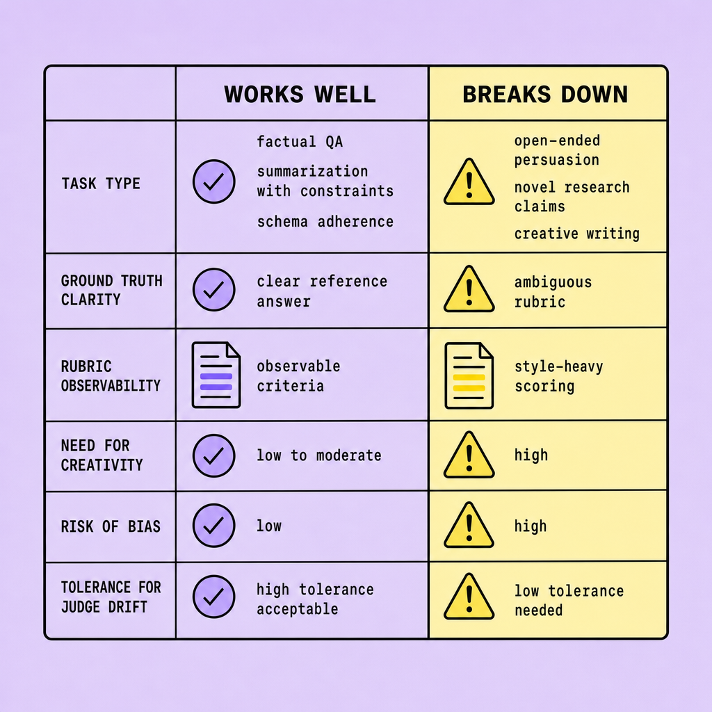 Decision matrix showing columns for Works Well and Breaks Down across task type, ground truth clarity, rubric observability, creativity, bias risk, and judge drift