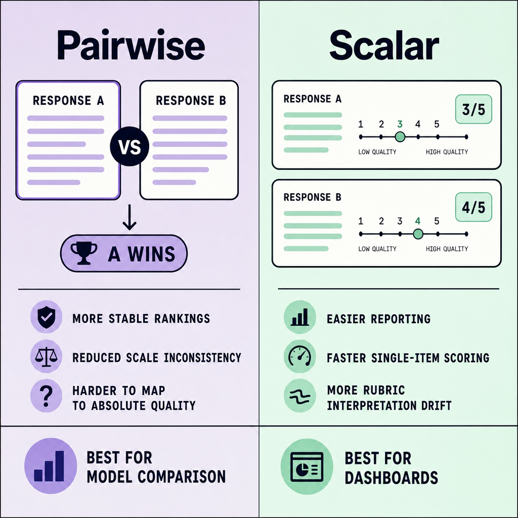 Side-by-side comparison table showing Pairwise grading with two response cards and a winner badge versus Scalar grading with 1 to 5 score sliders and notes about stability and reporting
